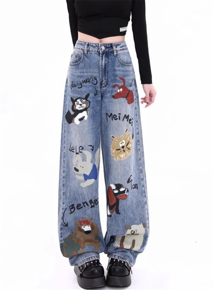 Top Trends: Women's Cartoon Pattern Printing Wide Leg Jeans Vintage American Street Casual Pant Female High Waist Straight Denim Trousers Shoppable Styles