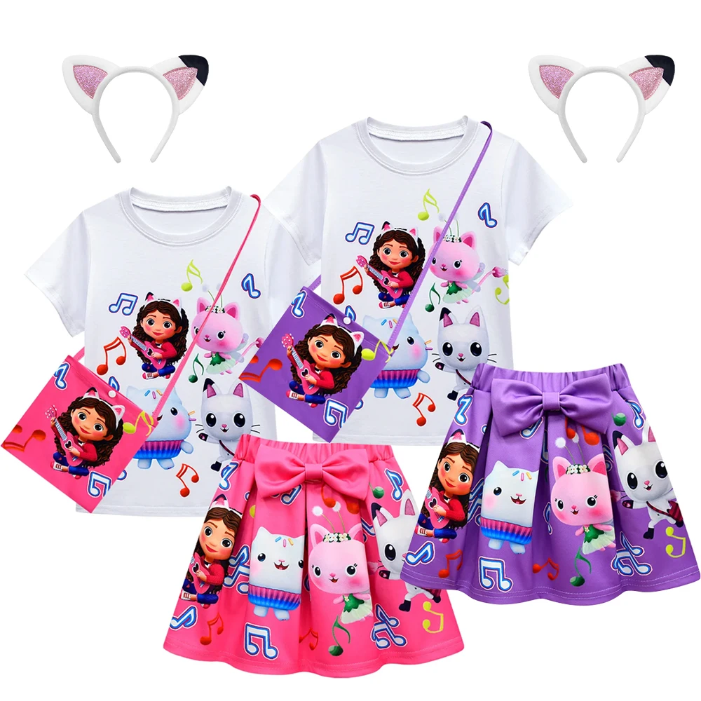 Top Trends: Gabby's Dollhouse Girls Clothes Sets Summer Cats-tastic Tops+ Bow Cartoon Print Skirt+ Bag+ Headband 4pcs Children's Clothing Suit Shoppable Styles