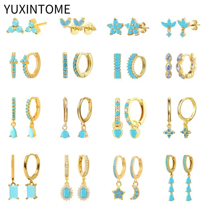 Top Trends: 925 Silver Ear Needle Turquoise Hoop Earrings For Women INS Style Exquisite Flower Blue Crystal Piercing Huggie Earrings Jewelry Shoppable Styles