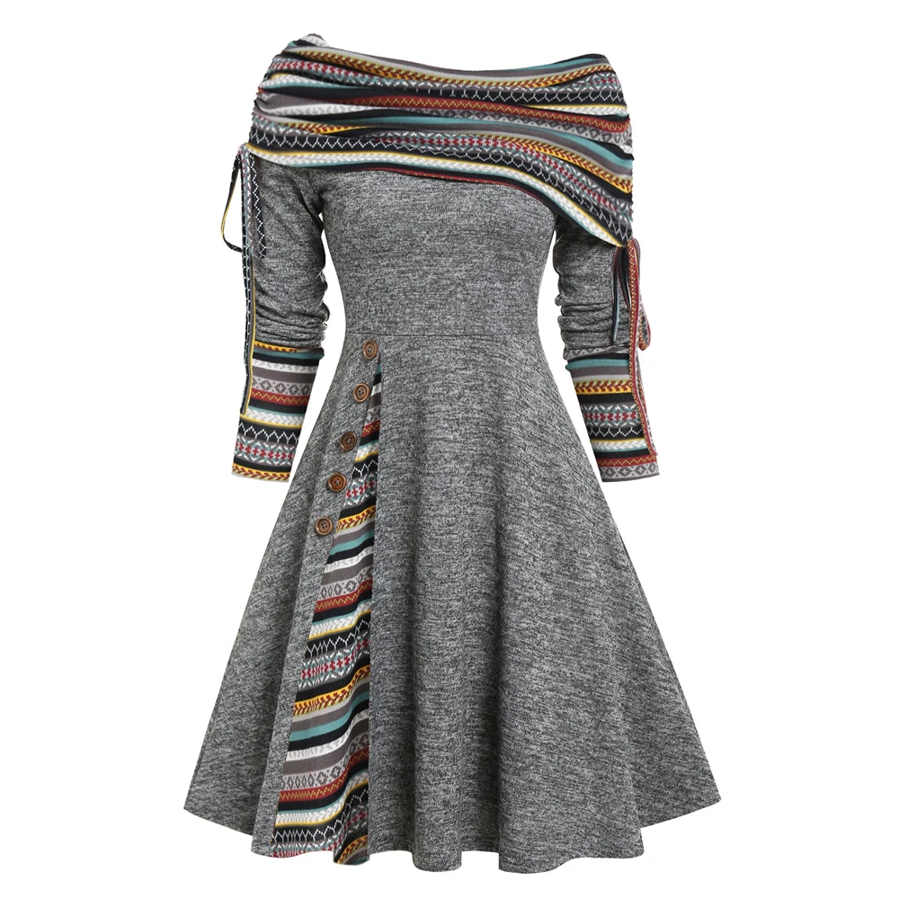 Top Trends: Convertible Cinched Striped Flare Dress Foldover Off The Shoulder Knitted Dresses Women 2023 Long Sleeve Jurken Shoppable Styles