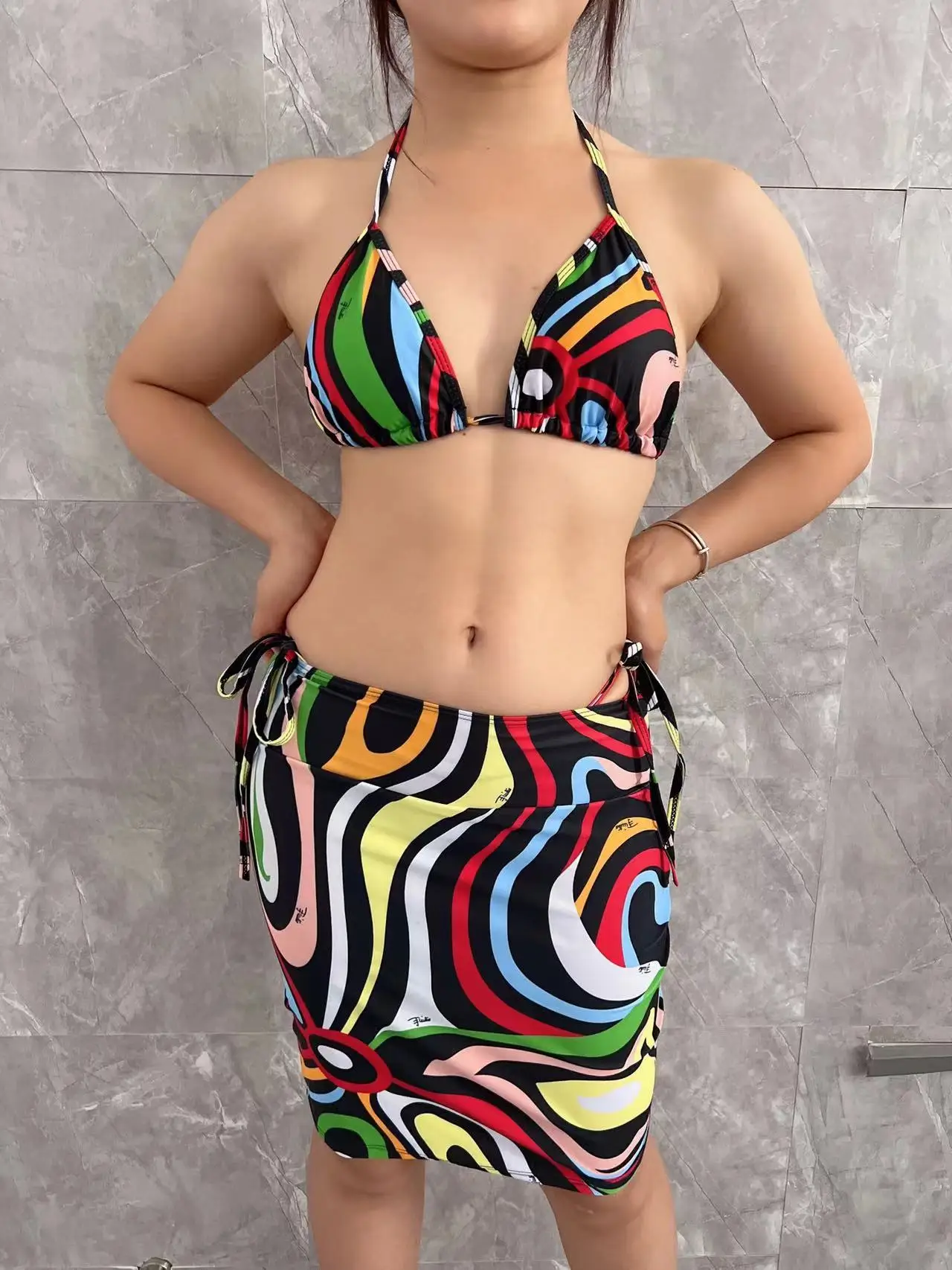 Top Trends: Three Piece Swimwear Skirt With Bikini Striped Swimsuit Block Color Shoppable Styles