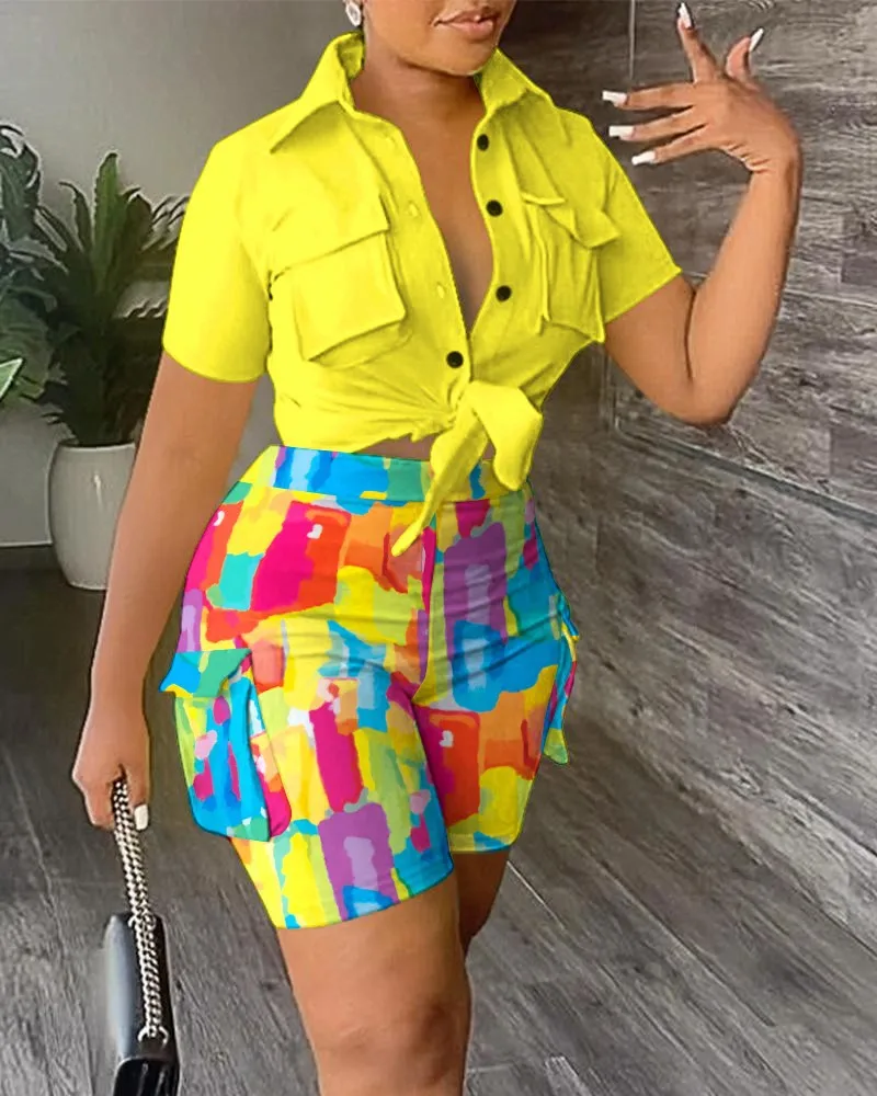 Top Trends: Women&#039;s Casual Two Piece Sets Outfit Elegant Pocket Design Buttoned Crop Top &amp; High Waist Shorts Set New Fashion 2023 Summer Shoppable Styles