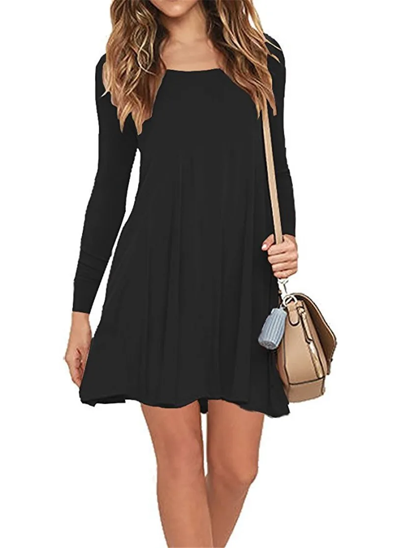 Top Trends: Long Sleeve Women Black Short Dresses Spring Autumn Solid Color Streetwear Casual A-Line Dress Round-Neck Ladies Mini Dress Shoppable Styles