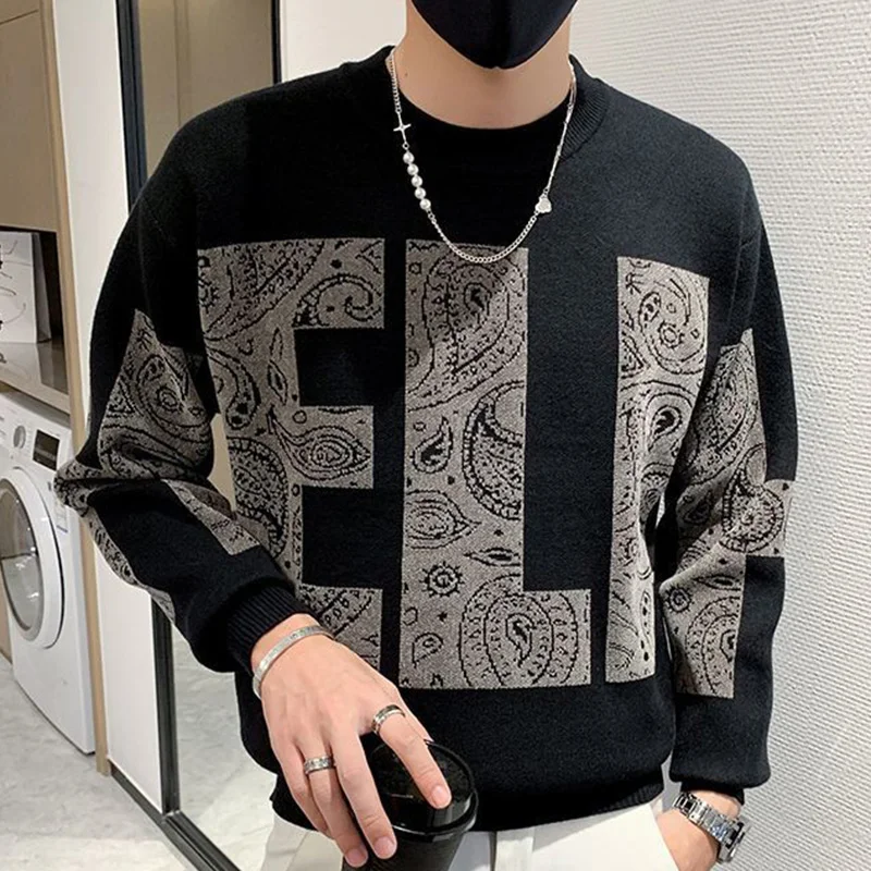 Top Trends: Fashion O-Neck Knitted Spliced All-match Printed Sweater Men's Clothing 2023 Autumn New Casual Pullovers Long Sleeve Korean Tops Shoppable Styles