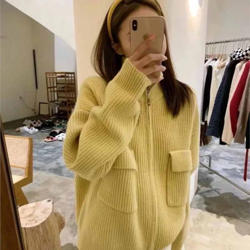 Top Trends: Women's Knitted Sweater Stand Collar Cardigan Knitwears Solid Zip-up Coats Korean Fashion Loose Thickened Top With Pocket Shoppable Styles