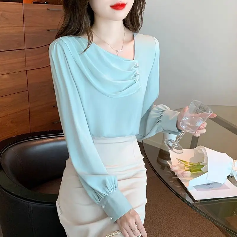 Top Trends: Spring Simplicity Commute Long Sleeve Chiffon Shirt Women's Clothing Fashion All-match Casual Beading Spliced Solid Color Blouse Shoppable Styles - Image 3