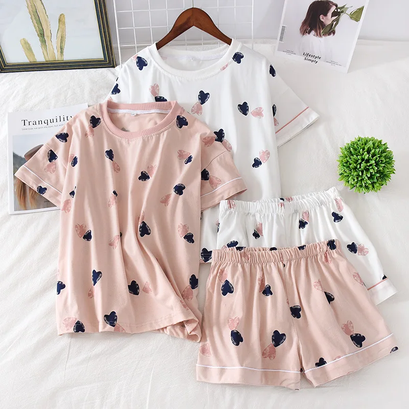 Top Trends: Women's 100% Cotton Short-sleeved Shorts In Summer Pajamas Cartoon Summer Sports And Leisure Two-piece Suits Can Be Worn Out Shoppable Styles