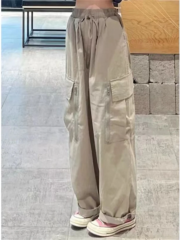 Top Trends: QWEEK Harajuku Style Khaki Cargo Pants Women Hip Hop Streetwear Pockets Solid Basic Baggy Wide Leg Trousers Oversize Kpop Bottom Shoppable Styles