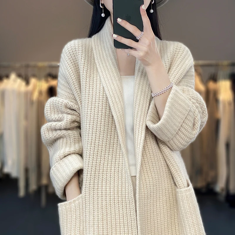 Top Trends: Fall / Winter New Fashion Cashmere Long V-neck Sweater Jacket Women With Pocket Loose Joker Long Sleeve Wool Knitted Cardigan Shoppable Styles