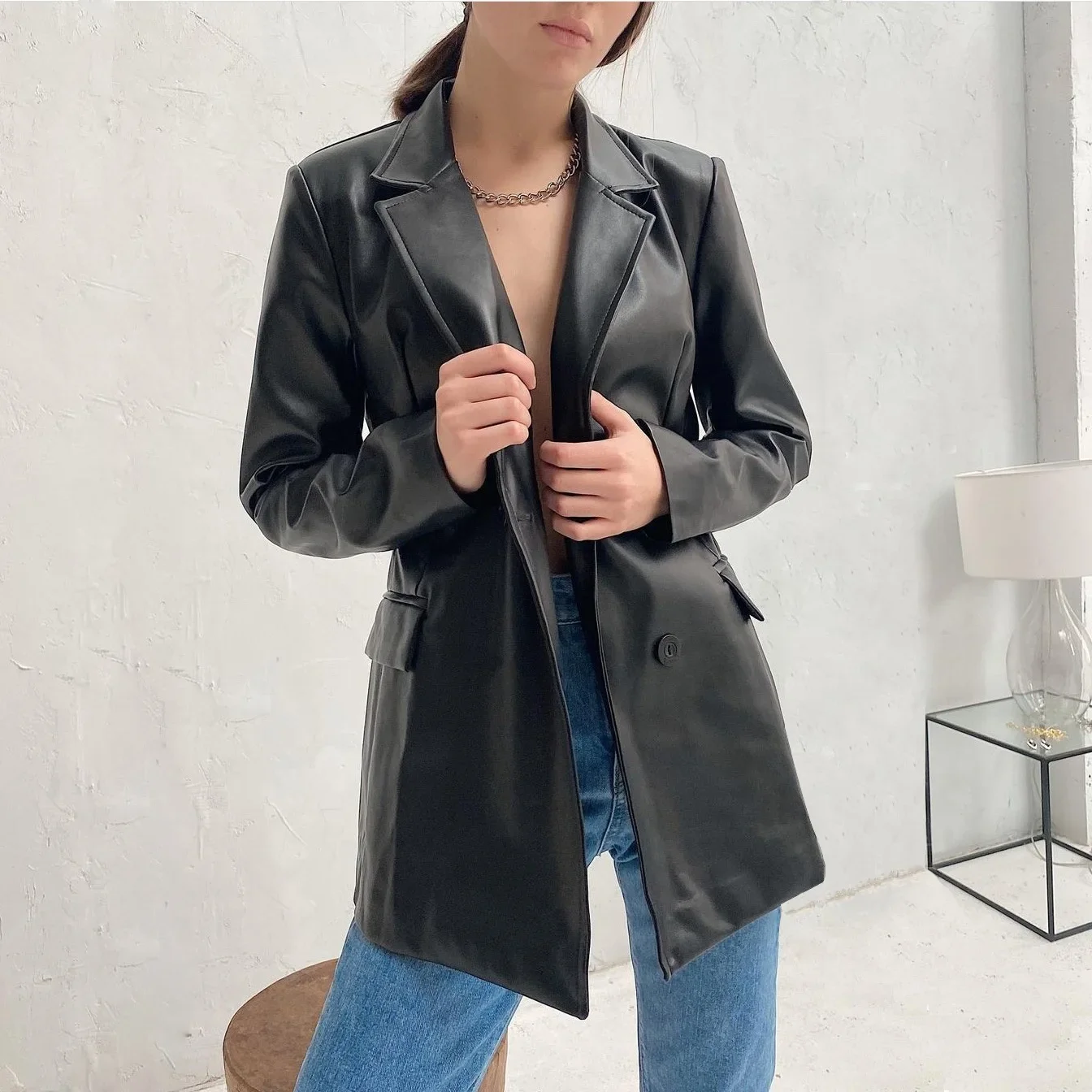 Top Trends: Women Fashion Hot Selling Leather Jacket Black New Suit-Collar Fake Pocket Coat Spring Casual Loose Large Size Tops Long Sleeve Shoppable Styles