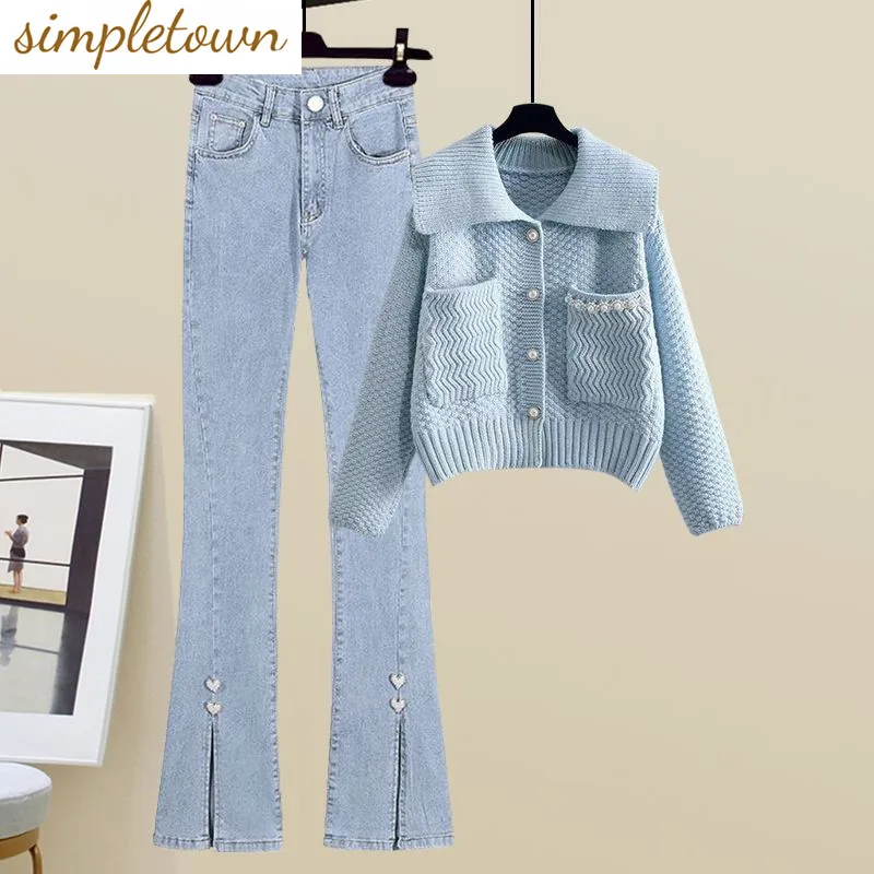 Top Trends: Korean Style Pocket Decoration Knit Cardigan Sweater Temperament Jeans Two Piece Elegant Women's Pants Set Winter Outfits Shoppable Styles