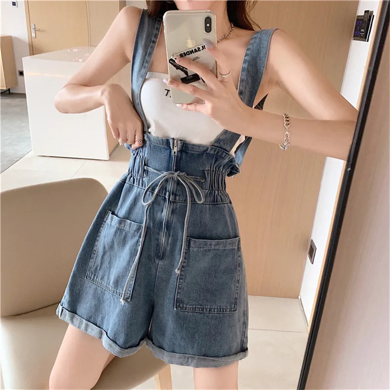 Top Trends: Blue Jumpsuits Women Suspenders Jeans Shorts Pocket Loose Sleeveless Rompers With Elastic Lady 2023 Summer Overalls Shorts Shoppable Styles