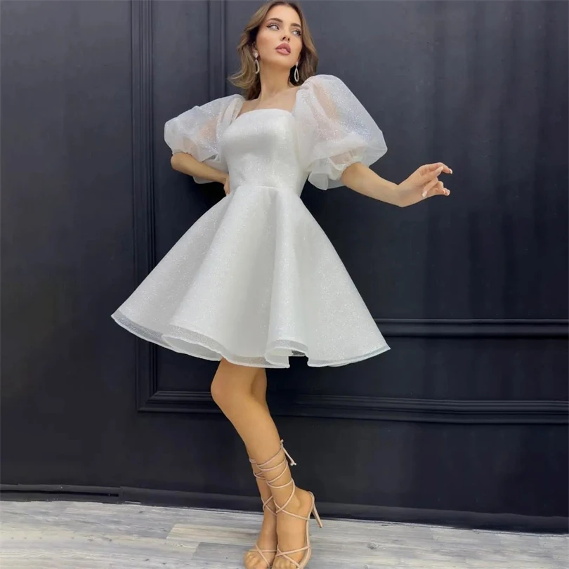 Top Trends: Elegant Glitter Mini Wedding Dresses Off Shoulder A-Line Shiny Puff Sleeves Bridal Gowns Knee Length Backless 2023 Bride Dress Shoppable Styles