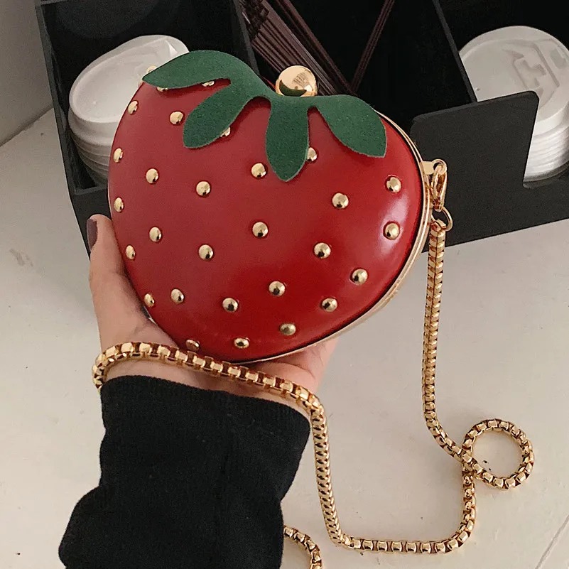 Top Trends: Cute Fruit Strawberry Heart Shape Pu Rivet Mini Fashion Ladies Chain Purse Clutch Bag Shoulder Bag Tote Female Flap Handbag Shoppable Styles