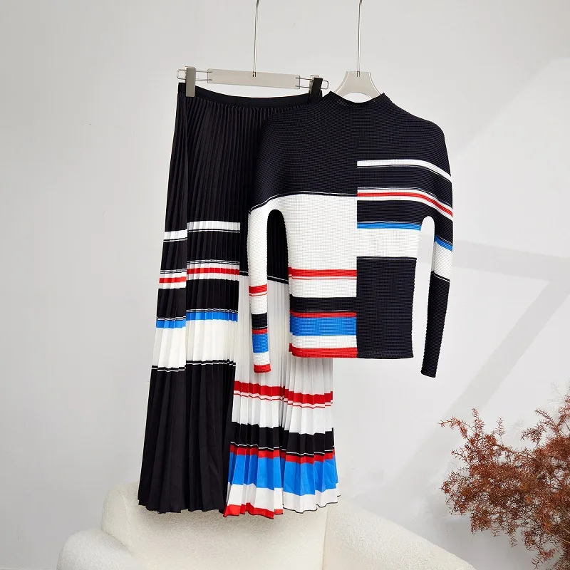 Top Trends: Spring Runway Fashion Pleated Stripe Print Two Piece Set Women Long Sleeve Colorblock Stretch Top+ Long Skirt Suit Female Outfits Shoppable Styles