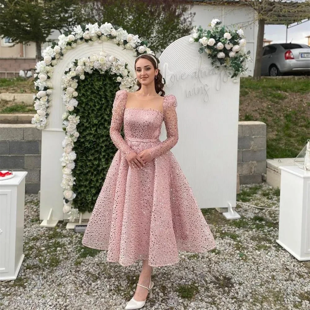 Top Trends: Luxury Sequined Prom Dresses For Engagement Sheer Neck Long Sleeve Party Gown Ankle Length Bead Birthday Party Wear Button Back Shoppable Styles