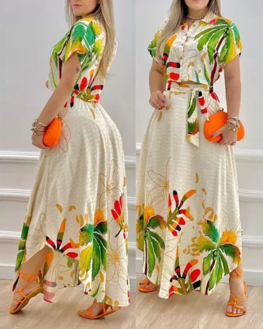 Top Trends: Tropical Print Skirt Suit Woman 2022 Summer New Fashion Bohemian Style Casual Elegant Button Down Crop Top &amp; Skirt Set Clothes Shoppable Styles