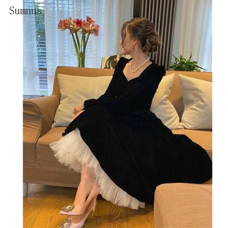 Top Trends: Sumnus Black Graceful Evening Dresses Velour Long Sleeves A Line Square Collar Formal Prom Grown Party Dress 2023 Plus Size Shoppable Styles