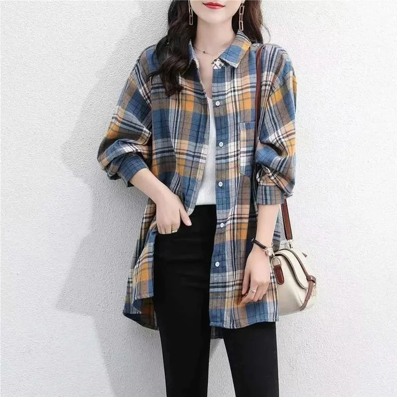 Top Trends: Korean Loose Plaid Blouse Spring Autumn New Polo Neck Long Sleeve All-match Plus Size Shirt Tops Vintage Casual Women Clothing Shoppable Styles