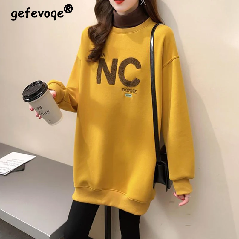 Top Trends: Autumn Winter High Collar Long Sleeve Fleece Thick Oversize Streetwear Female Sweatshirt Fake 2 Piece Letter Pullover Tops Women Shoppable Styles