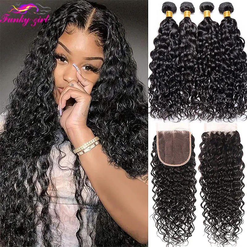 Top Trends: Water Wave Bundles With Closure Brazilian Remy Human Hair Bundles With 4x4 Lace Frontal Closure Curly Wave Human Hair Extensions Shoppable Styles