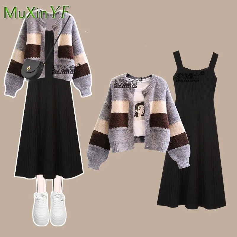 Top Trends: Women 2023 Autumn Winter New Matching Set Korean Elegant Knitted Sweater+ Dress Two Piece Female Loose Cardigan Strap Skirt Suit Shoppable Styles