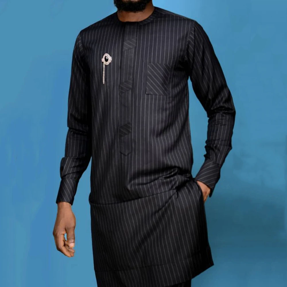 Top Trends: African Men's Set 2 Pieces Outfits Kaftan Elegant Long Sleeve Ethnic Top And Pants Stripe Luxury Men's Suit Wedding Men Clothing Shoppable Styles