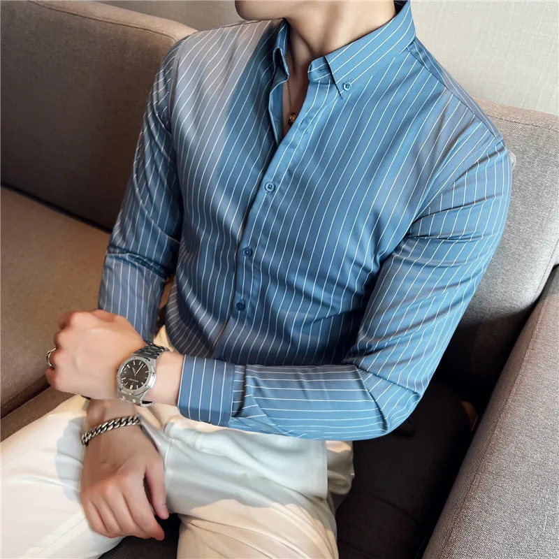 Top Trends: 2023 Plus Size S-3XL Korean Long Sleeve Striped Shirts Men Clothing Simple Slim Fit Business Casual Office Blouse Homme Hot Sale Shoppable Styles