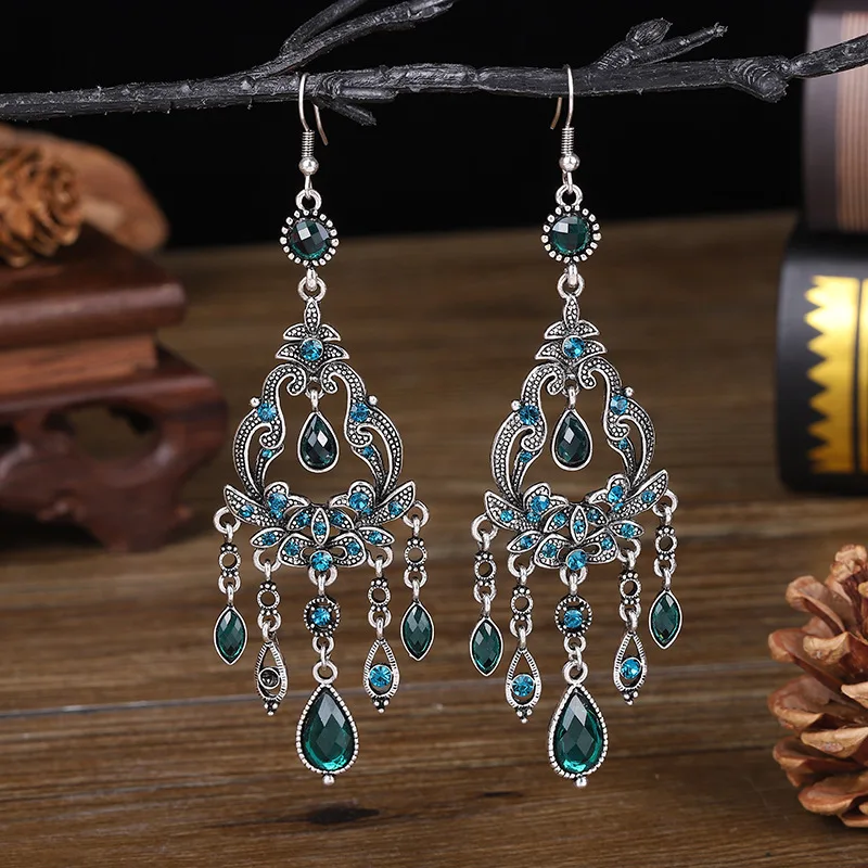 Top Trends: Bohemian Ethnic Long Blue Acrylic Crystal Water Drop Earrings For Women Retro Temperament Geometric Dangle Earrings Jewelry Shoppable Styles