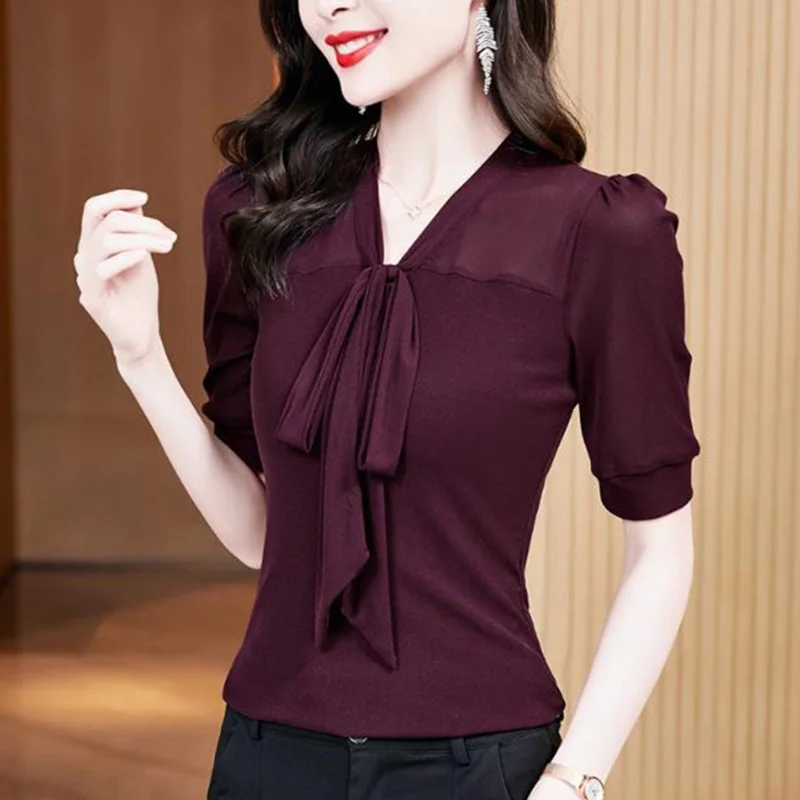 Top Trends: Elegant V-Neck Spliced Loose Folds Lace Up Bow Blouse Women's Clothing 2023 Summer New Casual Pullovers Tops Office Lady Shirt Shoppable Styles