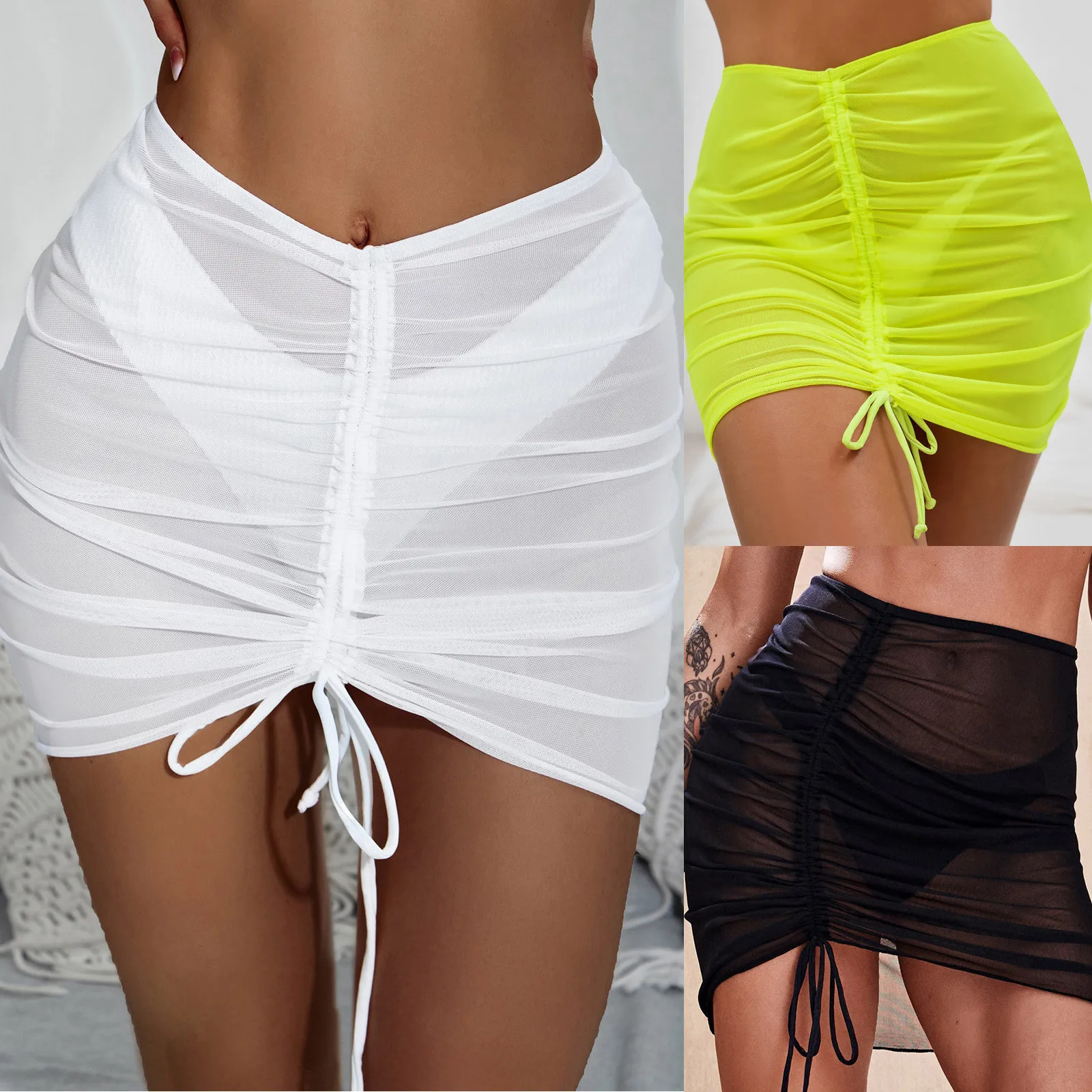 Top Trends: Women Mesh Swimsuit Cover Up Sheer Skirt Drawstring Beach Wrap Bikini For Swimwear Mesh Drawstring Cover Up Skirt купальники Shoppable Styles