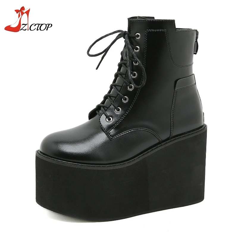 Top Trends: Gothic Black Platform Ankle Boots Women Thick Bottom High Heels Women&#039;s Boots Punk Wedges Female Shoes Booties Woman Size 43 Shoppable Styles