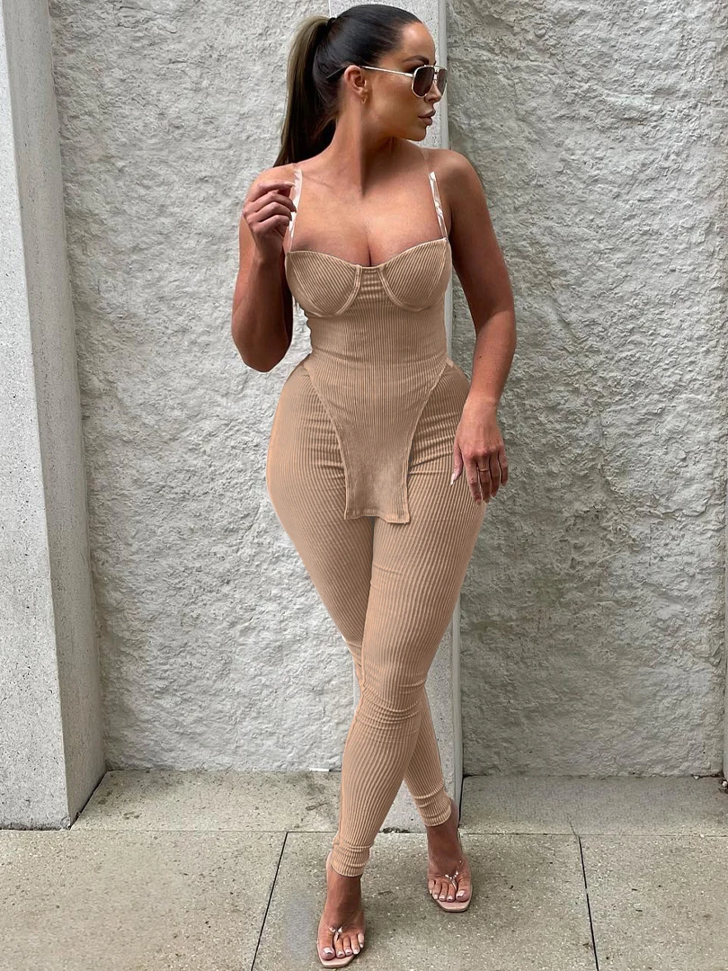 Top Trends: Weird Puss Ribbed Casual Women Tracksuit 2 Piece Set Summer Irregular Camisole+ Leggings Solid Skinny Stretch Streetwear Outfits Shoppable Styles