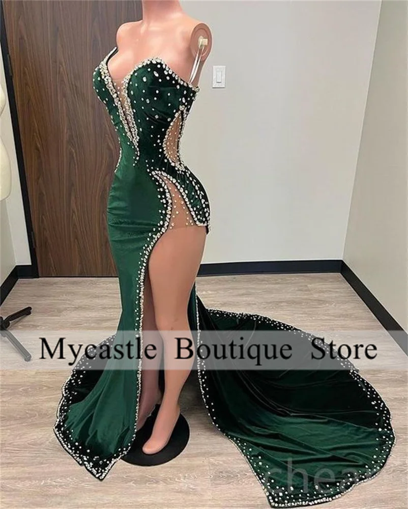 Top Trends: Green Velour Mermaid Prom Dress 2024 High Slit Party Dress Velvet Evening Gown Sexy Prom Gown Custom Size Robe De Soiree Shoppable Styles