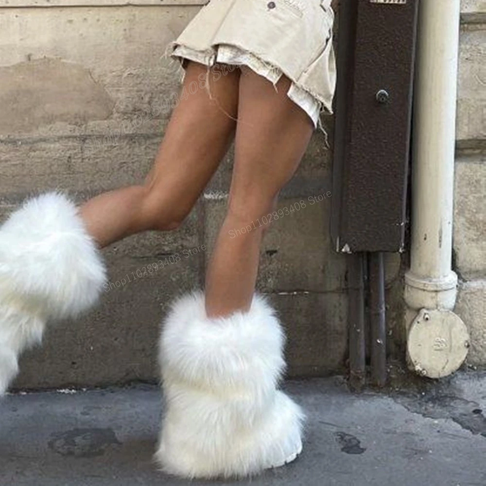 Top Trends: White Fur Decor Snow Mid Calf Boots Round Toe Thick Soled Winter Boots Slip-on New Design Women Shoes 2023 Zapatos Para Mujere Shoppable Styles