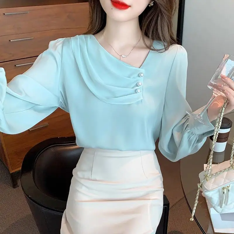 Top Trends: Spring Simplicity Commute Long Sleeve Chiffon Shirt Women's Clothing Fashion All-match Casual Beading Spliced Solid Color Blouse Shoppable Styles - Image 5