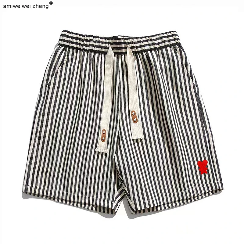 Top Trends: Ami Wei Wei Luxury Brand Striped Shorts For Men Chic Love Heart Embellished Elasticated Waist Models 2023 Summer New AMI DK Shoppable Styles