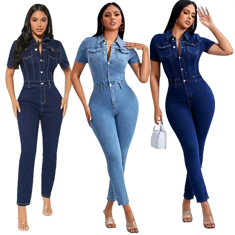 Top Trends: Elegant Women Denim Jumpsuits Solid Short Sleeve Button Up Skinny Rompers 2023 Autumn Activewear Jeans Office Lady Jumpsuits Shoppable Styles