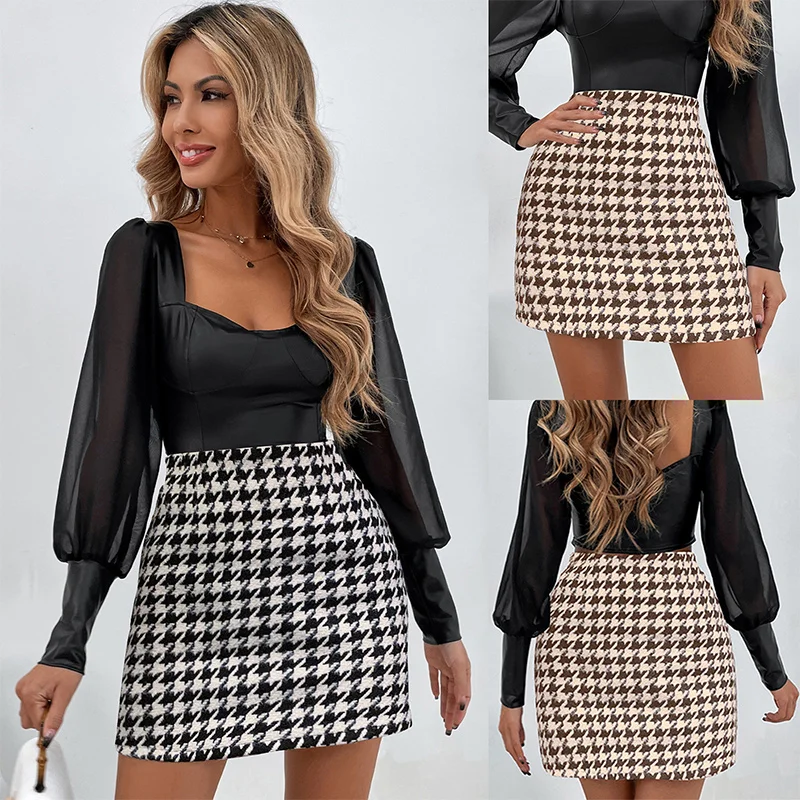 Top Trends: Fashion High Waist Houndstooth A-line Skirt Women Casual Vintage Plaid Mini Dress Lady Korean Temperament Slim Female Hip Skirts Shoppable Styles