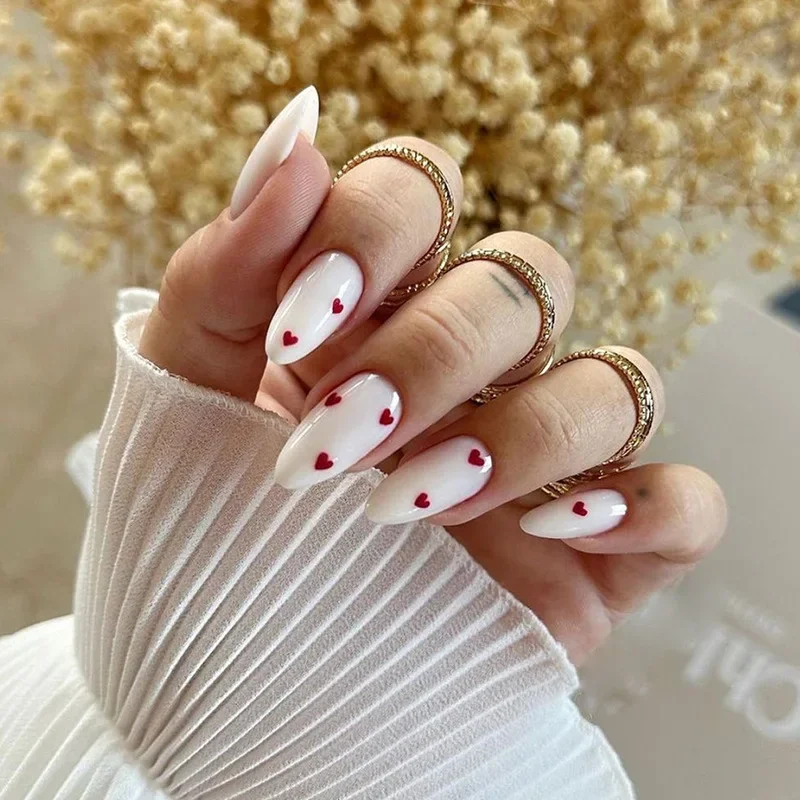 Top Trends: 24Pcs Red Heart Nails Fake Wearable Long Almond False Nails Art Acrylic Press On Nails Full Coverage Removable French Fake Nail Shoppable Styles