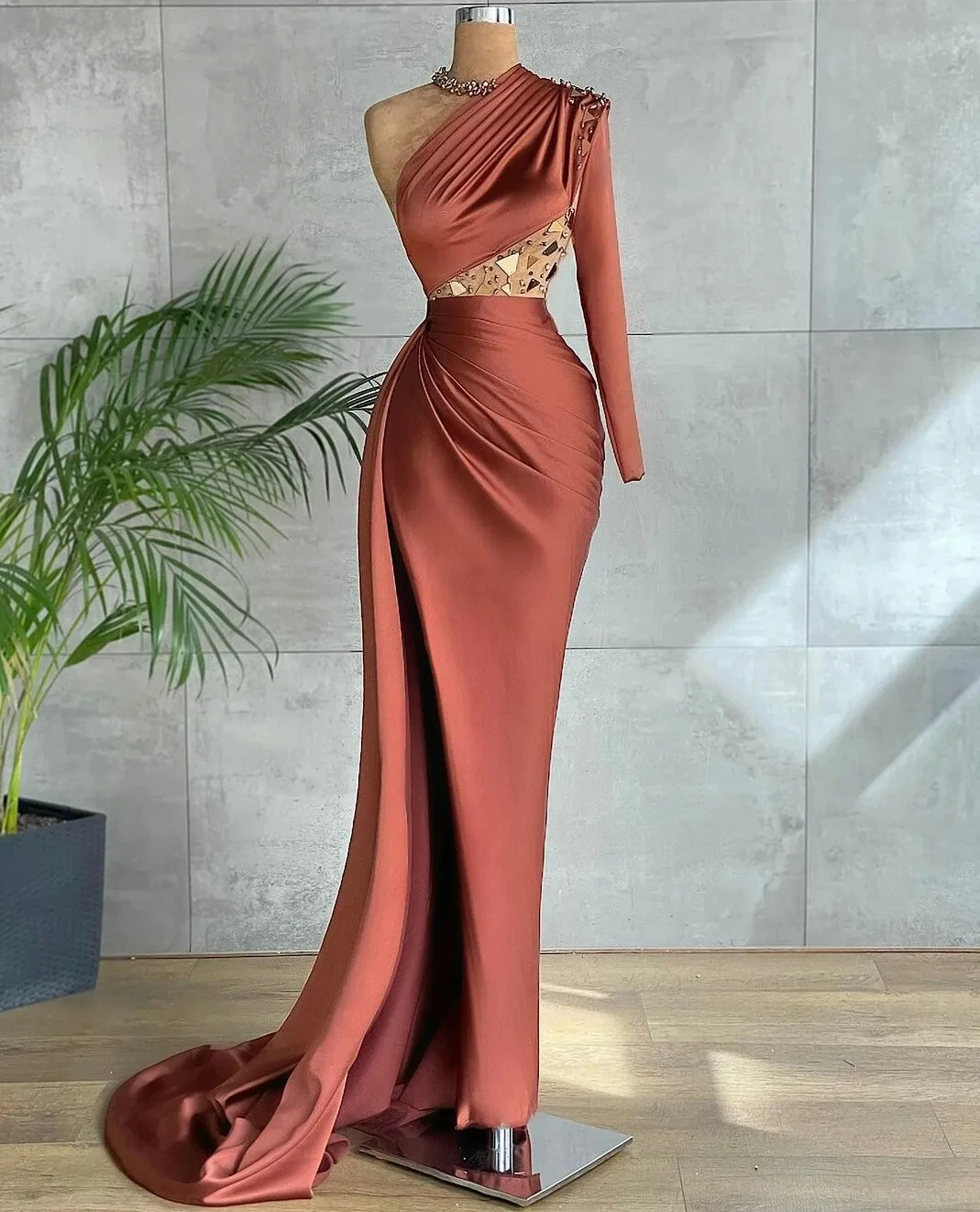 Top Trends: Simple One Shouder Evening Dresses Trumpet Long Sleeve Ball Gowns Ruched With Sequined Woman's Formal Bride Beach Party Vestidos Shoppable Styles