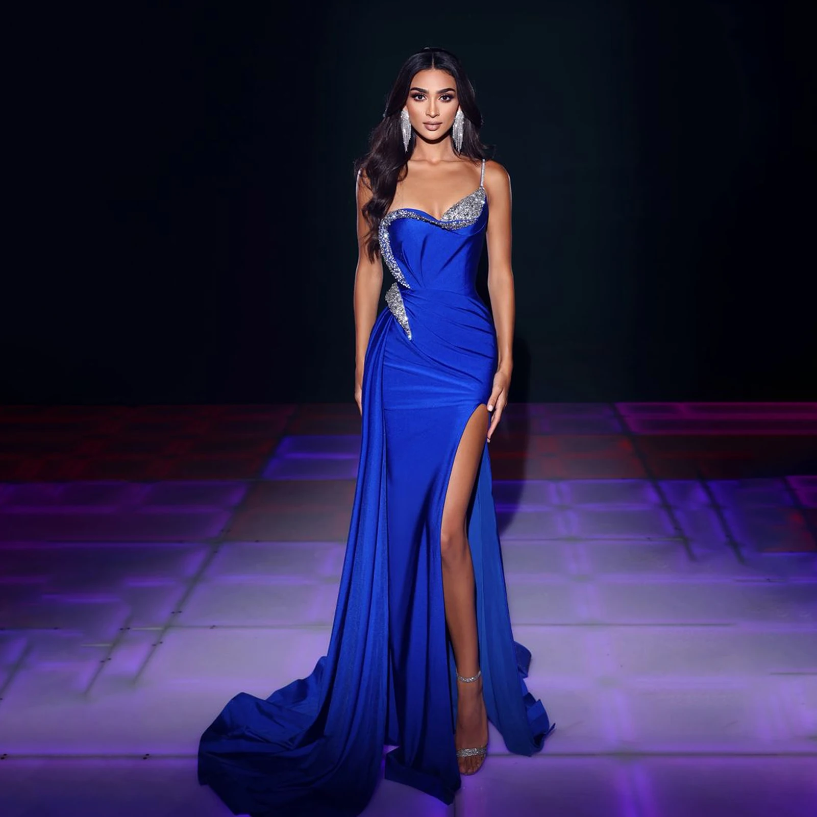 Top Trends: Luxury Crystal Mermaid Party Dresses Elegant Spaghetti Straps Sleeveless Evening Dress Sexy Side Slit Satin Vestidos Prom 2023 Shoppable Styles