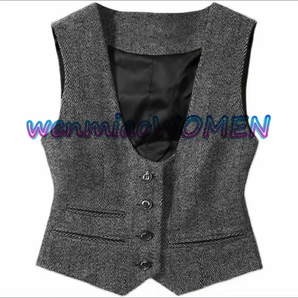 Top Trends: Women&#039;s Vintage Herringbone Vest, Slim Fit Sleeveless Jacket, Wool Waistcoat, Dark Grey Suit Vests For Lady, New, 2022 Shoppable Styles