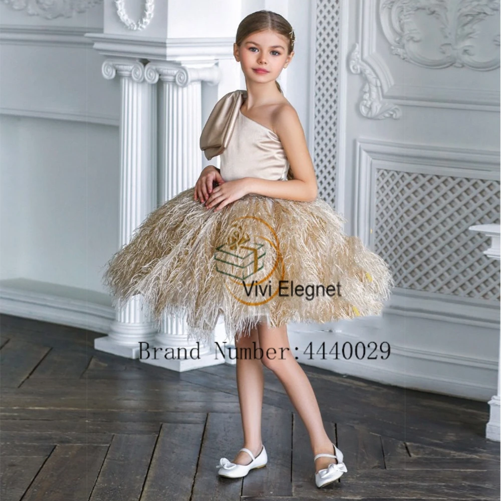 Top Trends: Champagne Sleeveless Flower Girl Dresses For Girls 2023 Summer Satin Feather Cute Dance Wedding Party Gowns فساتين اطفال للعيد Shoppable Styles