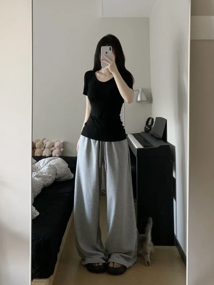 Top Trends: HOUZHOU Casual Grey Sweatpants Women Korean Style Wide Leg Sports Pants Harajuku Basic Oversize High Waist Black Trousers Female Shoppable Styles