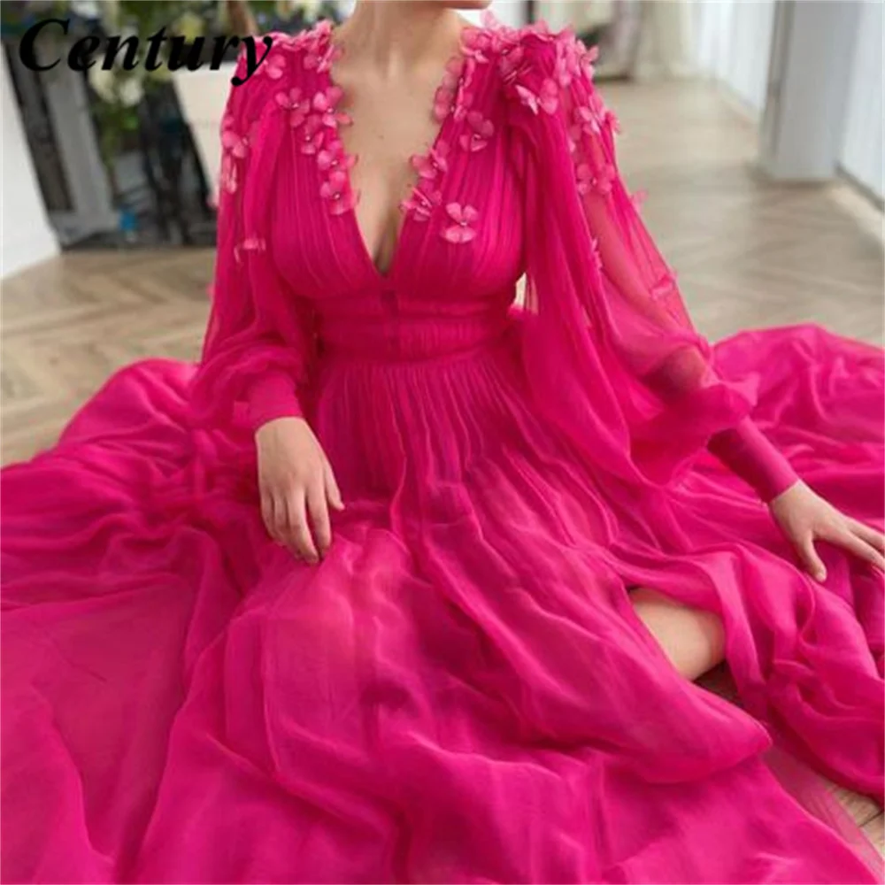 Top Trends: Fuchsia A Line V Neck Evening Dress Appliques Prom Dress Chiffon Sleeveless Wedding Party Dresses High Split Vestidos De Fiesta Shoppable Styles