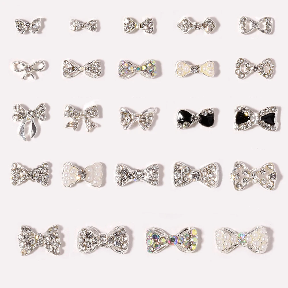 Top Trends: 10pcs / bag Glitter Silver Bow Nail Art Charm 3D Crystal Glass Stone Pearl Bowknots Nail Jewelry DIY UV Gel Manicure Accessories Shoppable Styles