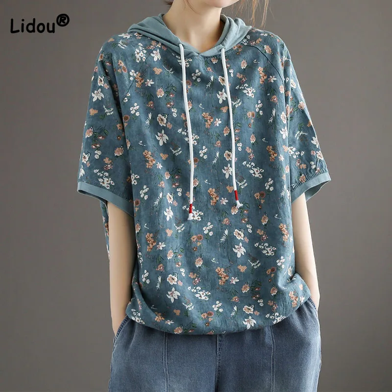 Top Trends: Vintage Female Floral Hooded Short Sleeve T-shirt Summer Women&#039;s Clothing Fashion Thin All-match Printed Spliced Loose Tops Shoppable Styles