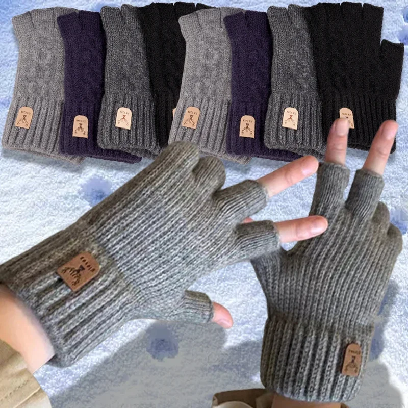 Top Trends: Men Women Winter Writting Office Half Finger Gloves Cashmere Knitted Thick Thermal Fingerless Gloves Solid Warm Driving Mittens Shoppable Styles