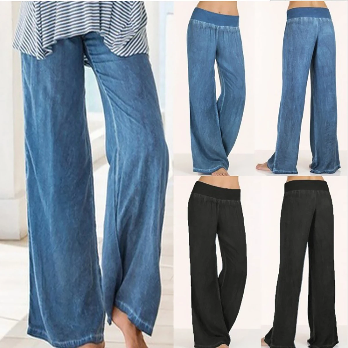 Top Trends: Women Denim Wide Leg Pants Elastic High Waist Trousers Casual Loose Jeans Pants Female Vintage Streetwear Womens Clothing Shoppable Styles